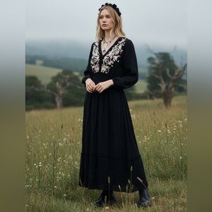 Y2K VTG Andree By Unit Embroidered Maxi Dress Black Size Small Whimsy goth